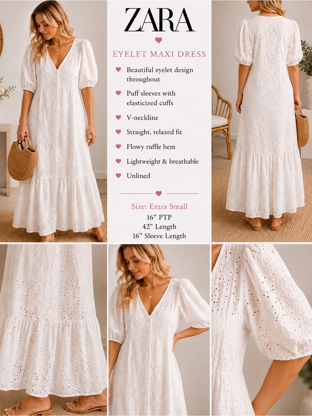 Zara White Eyelet Maxi Dress with Puff Sleeves SZ XS
